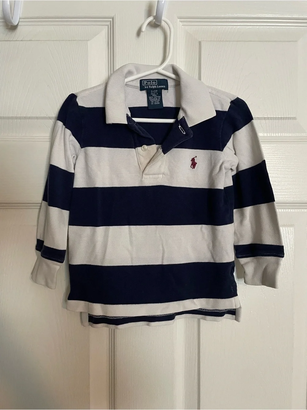 Polo by Ralph Lauren Boys' 2T Navy & White Striped Rugby Polo with Red Logo